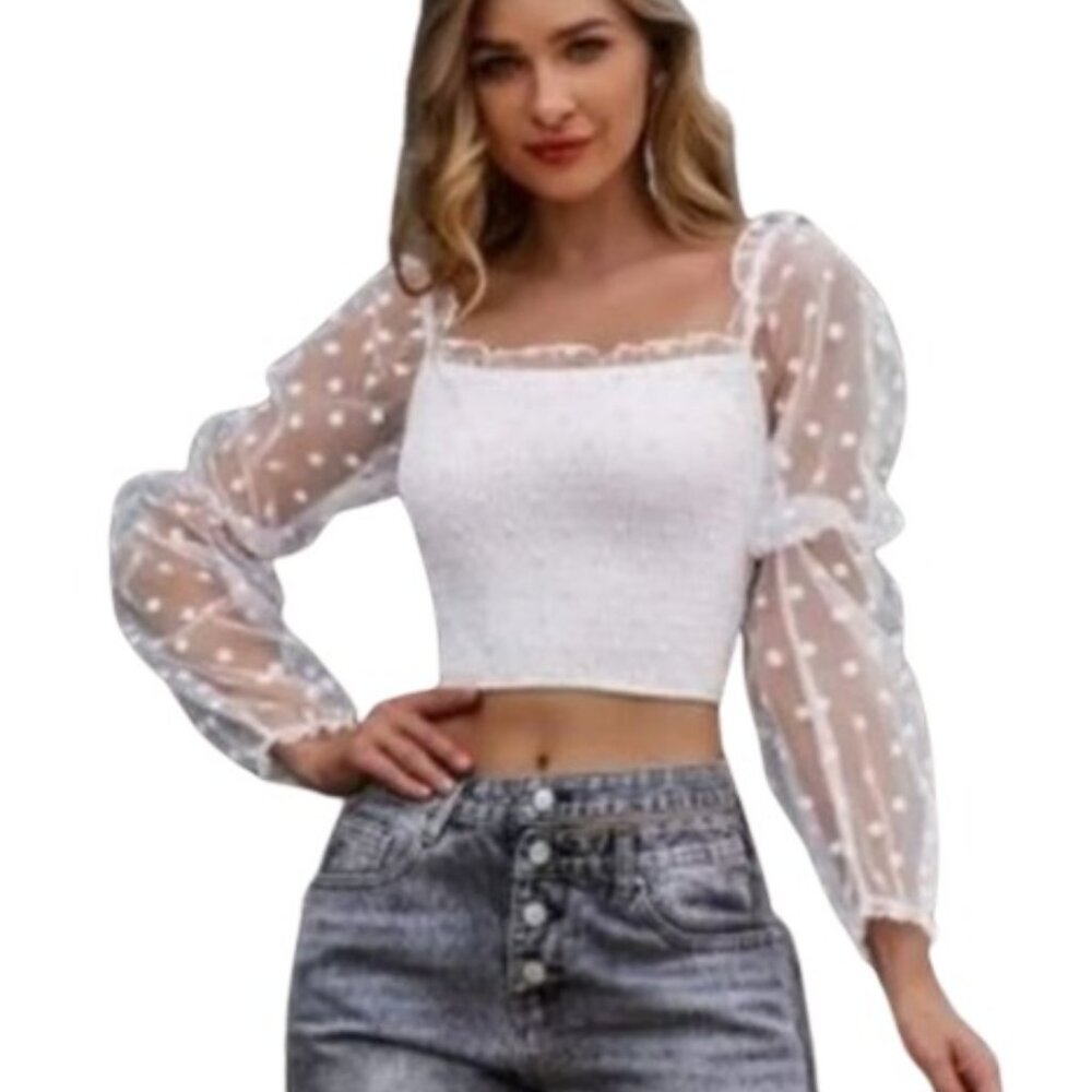 Yilibasha Womens Crop Blouse White Smocked Sheer Dot Sleeves and Back XS